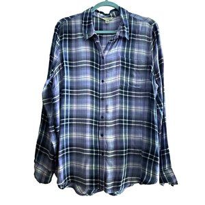 Lucky Brand women’s sz L purple blue plaid button front pocket long sleeve top